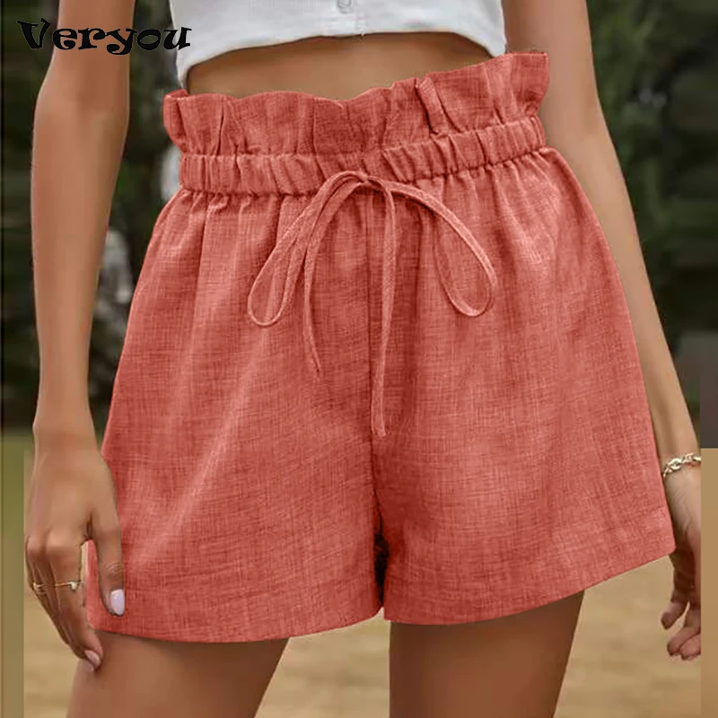 

Summer Solid Linen Shorts Women Loose And Comfortable Casual Streetwear Women Clothes Ruffled High Waisted Shorts Vetement Femme