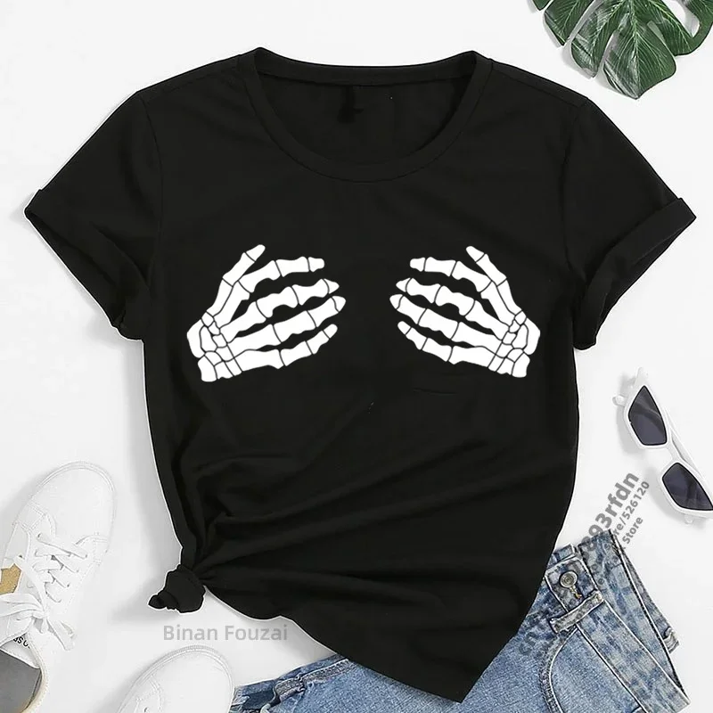 Skull Hands Print T-shirts Women Summer 2024 Gothic Clothes Casual Round Neck Graphic Tees Fashion T Shirt Femme Camisetas Mujer