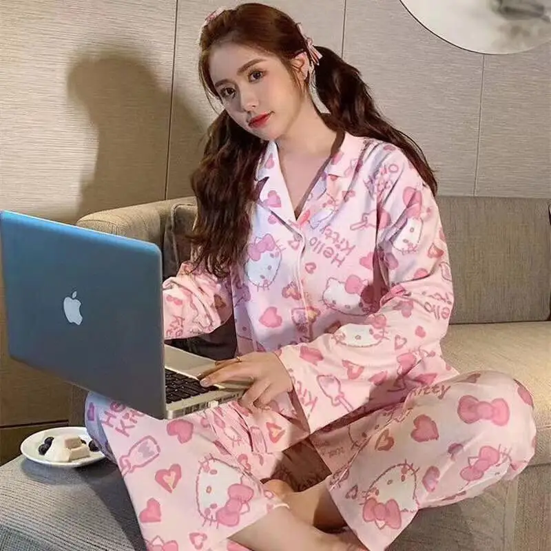 Anime Hello Kittys Pajamas Pants Set Women Sanrioed Kuromi Kawaii Cinnamoroll Long Sleeve Tops Pants Loungewear Homewear Sweet