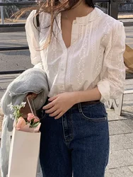 2026 Korean Lace Bubble Sleeve Round Neck Shirt for Women's Spring Autumn New  White Cotton Style Gentle Style Blouse Top A133