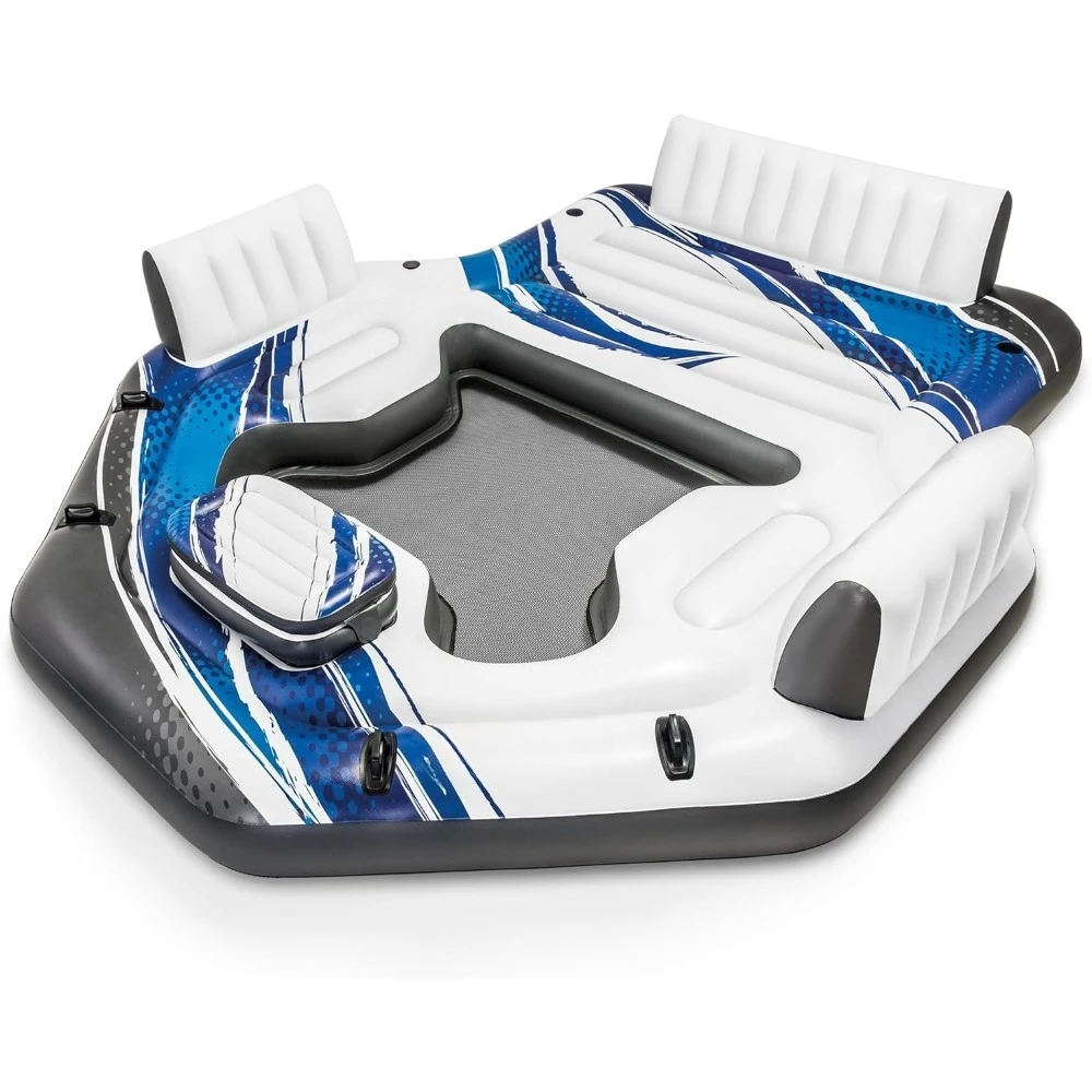 

Blue Tropic Inflatable 5 Person Raft or Swimming Pool Island Water Floating Lounger Raft with Backrests, Built in Cooler