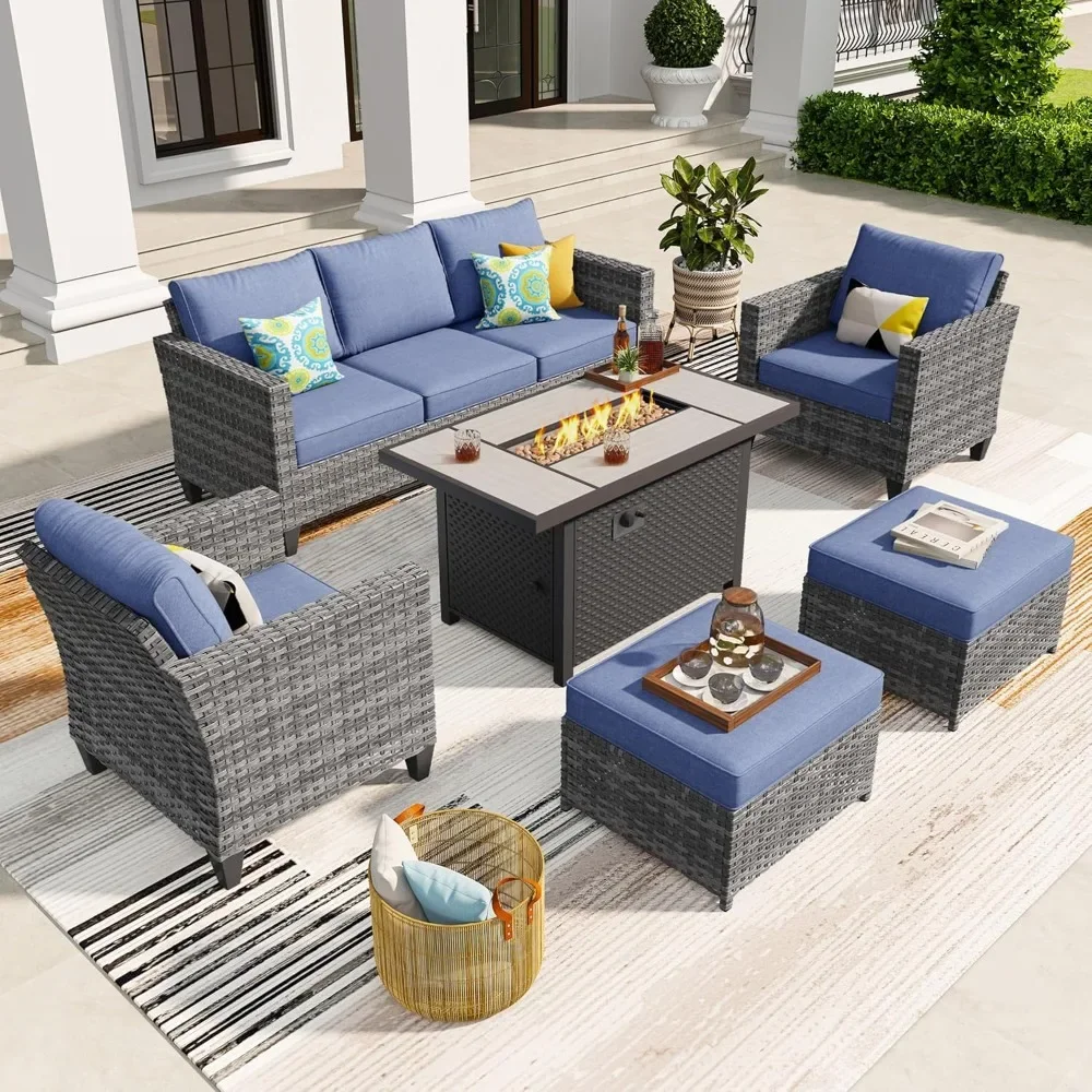 6-piece terrace furniture set with fire pit table, outdoor rattan 3-seater sofa with comfortable cushion, high backed rattan