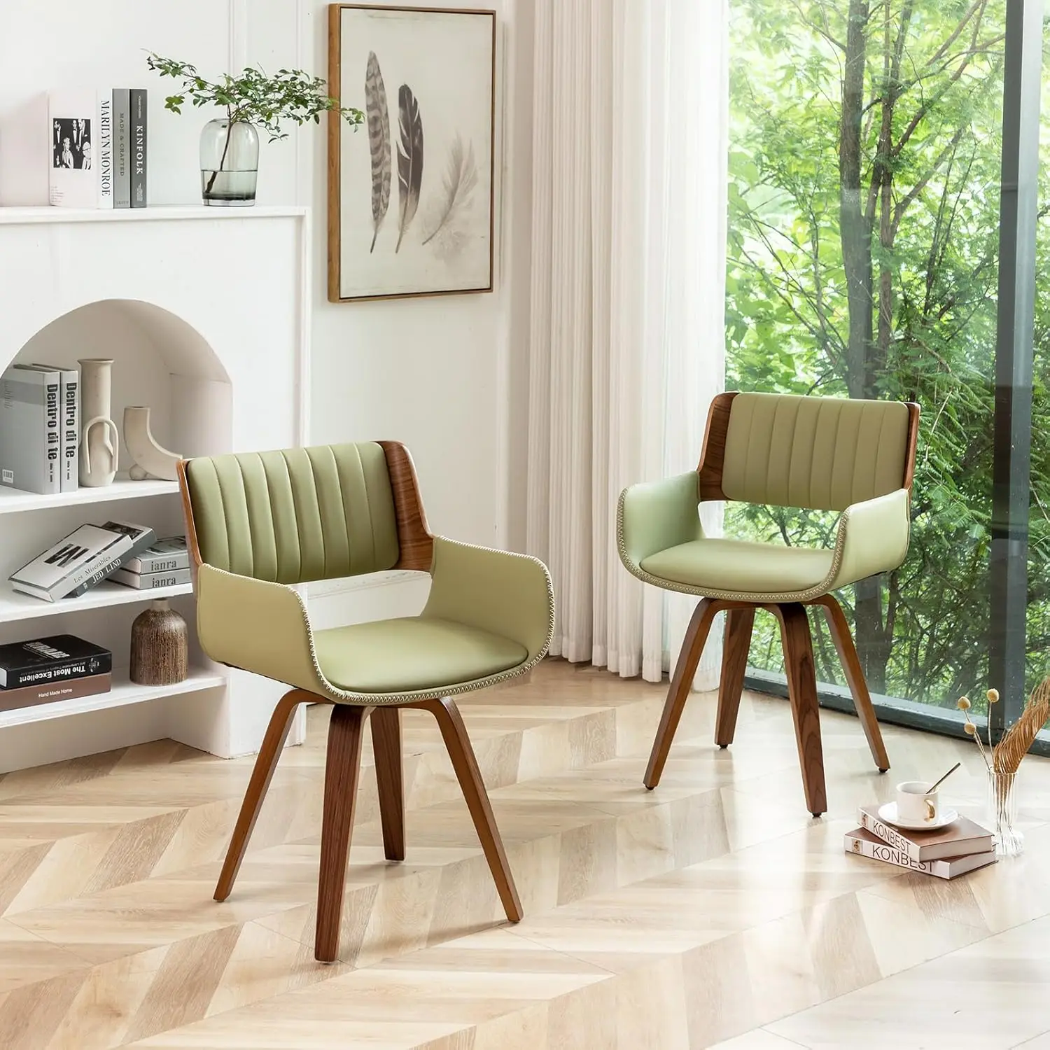 طقم كراسي طعام دوارة مكونة من قطعتين، جلد صناعي بيج، أرجل خشبية، أقدام قابلة للتعديل #5