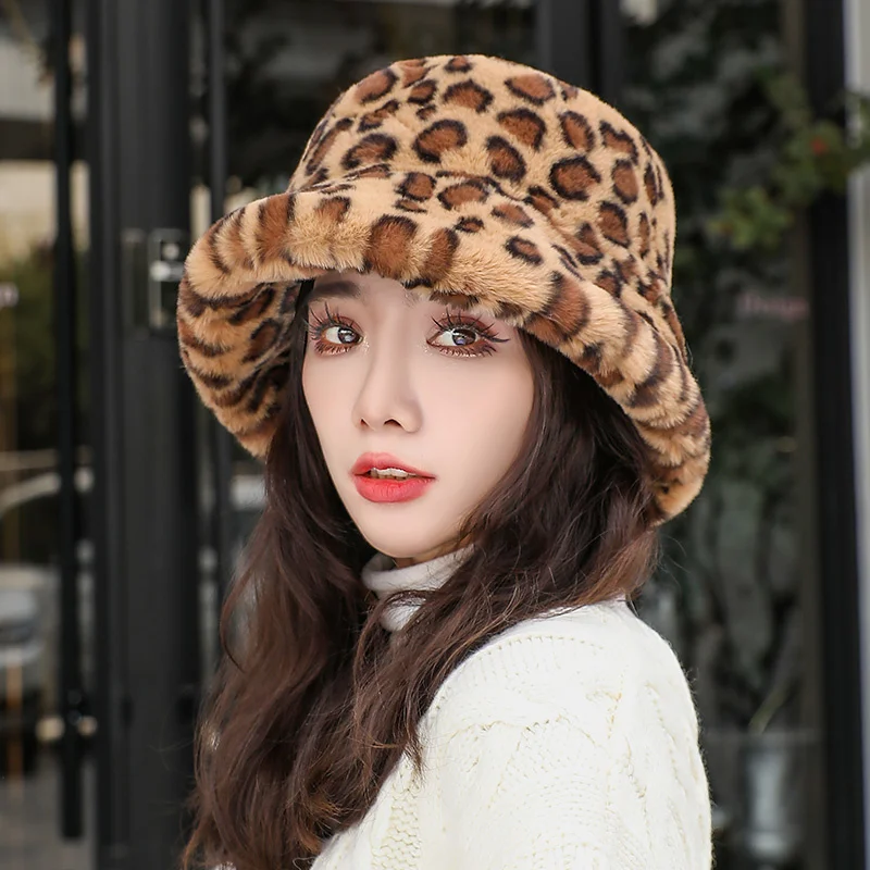 Lady Luxury Fashion Party Fisherman Cap Y2k Fluffy Faux Fur Hat Bucket Women Cap Rabbit Fur Warm Thick Plush WInter Leopard Hat