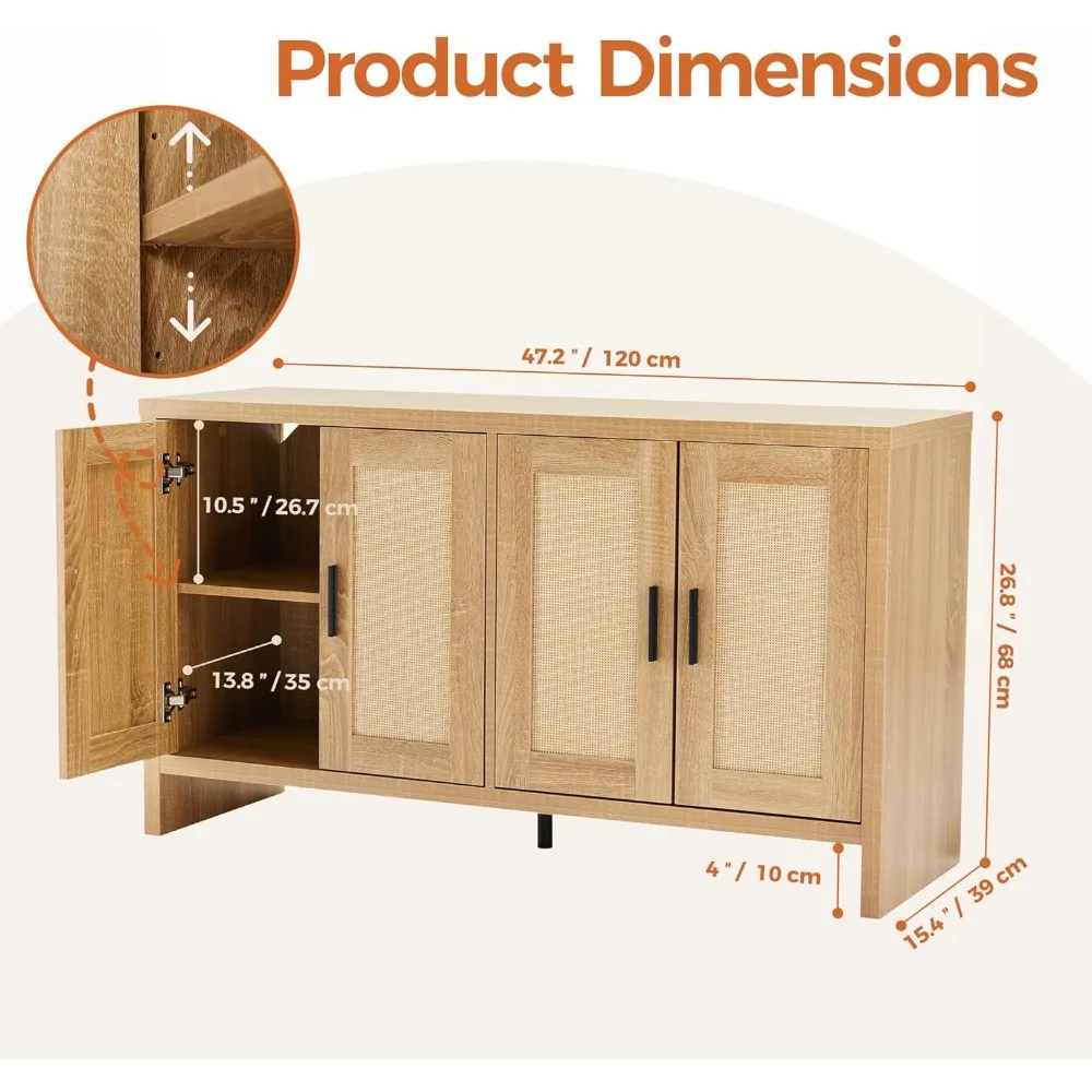 خزانة بوفيه الروطان مع مساحة تخزين، وخزانة جانبية مع أبواب وأرفف قابلة للتعديل، وطاولة محطة بار القهوة في المزرعة، ووضعها