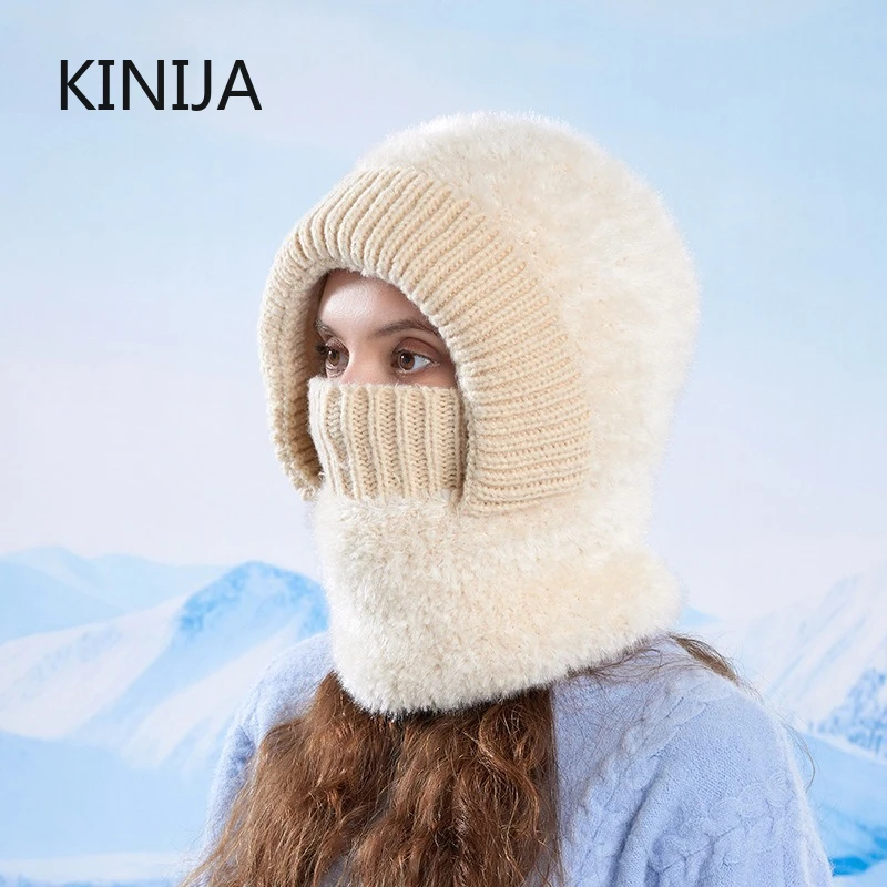 

Cycing Mask Balaclava for Women Winter Warm Knitted Hat with Scarf Neck Warmer Thickened Fleece Lining Skullcap Skin All-in-one