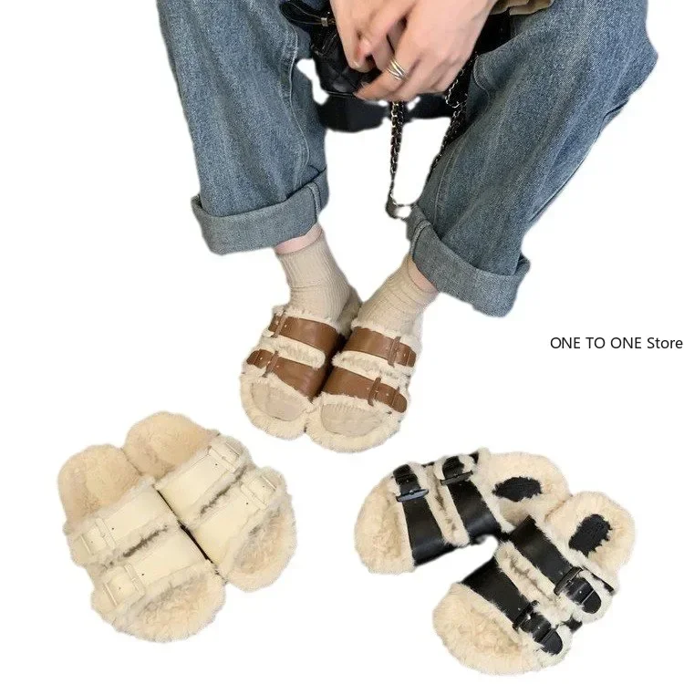 Womens Slippers Outdoor Slides Pantofle Flock Platform Fur Flip Flops 2025 Flat Plush Autumn Fabric Rome Shoes House Med Shoes image 5