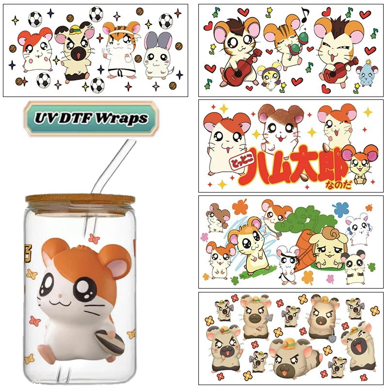 Cute Hamster Cartoon UV DTF Wraps, Kawaii Pet Mouse Themed Stickers for 16oz Glass Cans, Waterproof DIY Transfer Decals