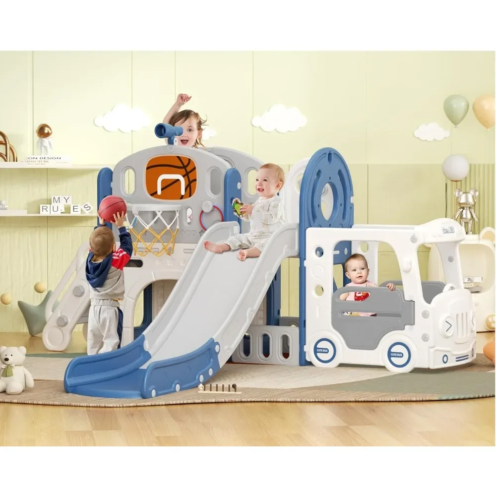 

10 in 1 Toddler Slide Playset Kids Slide Freestanding Slides with Bus Playhouse Telescope Basketball Hoop Ring Playhouses