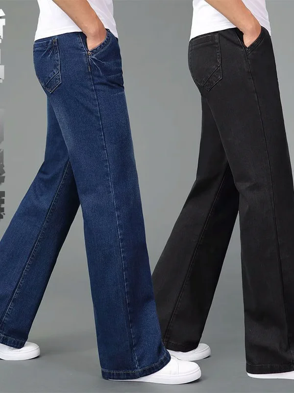 メンズミッドライズ弾性デニムワイドレッグパンツカジュアルファッション春秋ロングパンツ男性モデル耳カバーアクセサリー