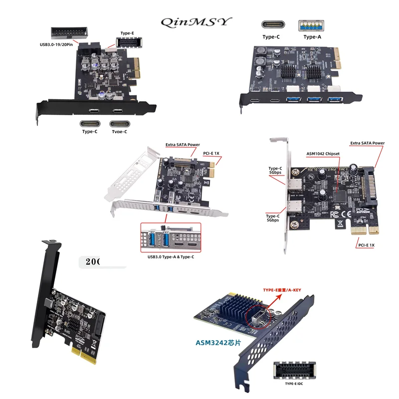 10Gbps Type-E USB 3.1 Front Panel Socket & USB3.0 19Pin/20Pin & Dual Type-C USB-C to PCI-E Express Card Adapter ASM3142 VL822