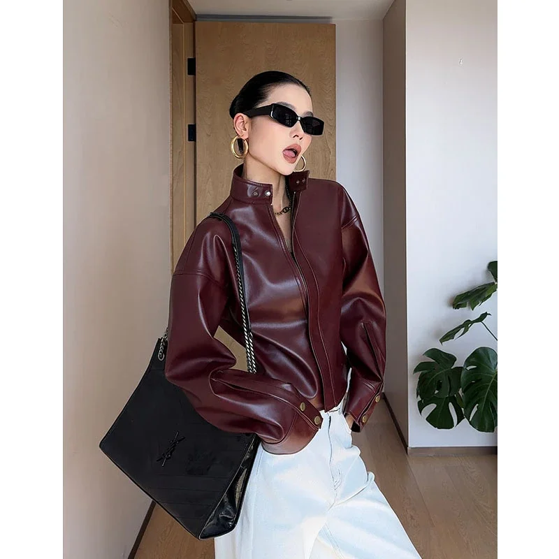 

Women's Spring Autumn Tops Jacket Leather Coat Standing Collar Long Sleeve Cardigan Vintage Casual Designed Fashion Niche Skinny