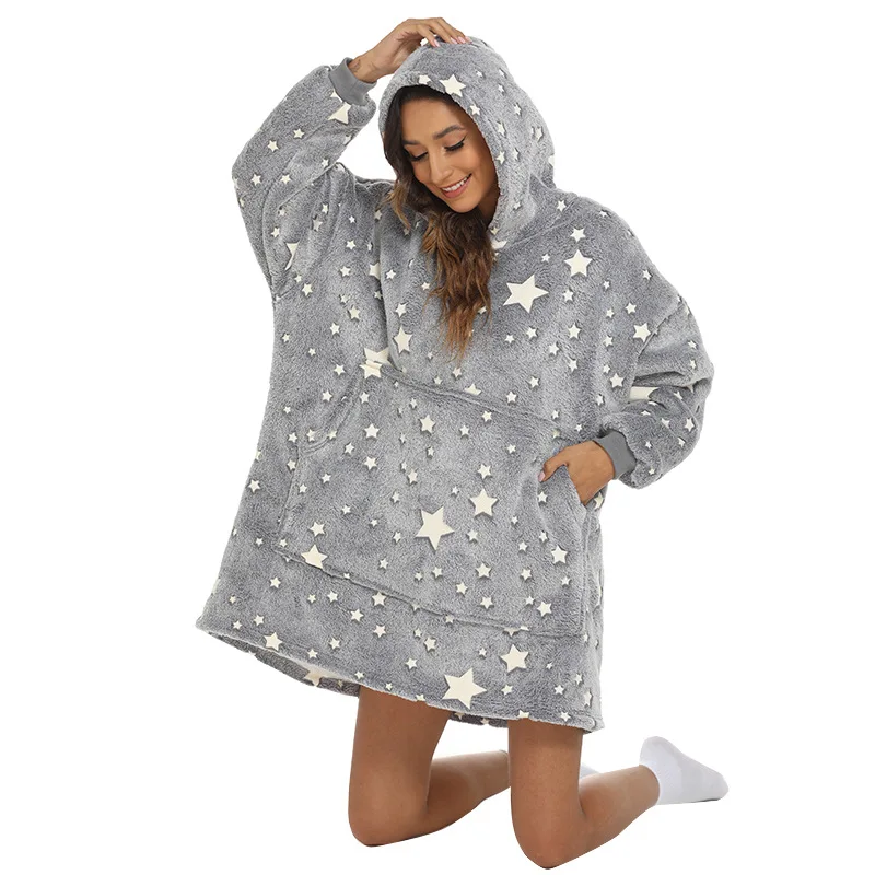 Grey Five-pointed Star Luminous Lazy Blanket Flannel Sherpa Cashmere Blanket Leisure Hooded Sweater