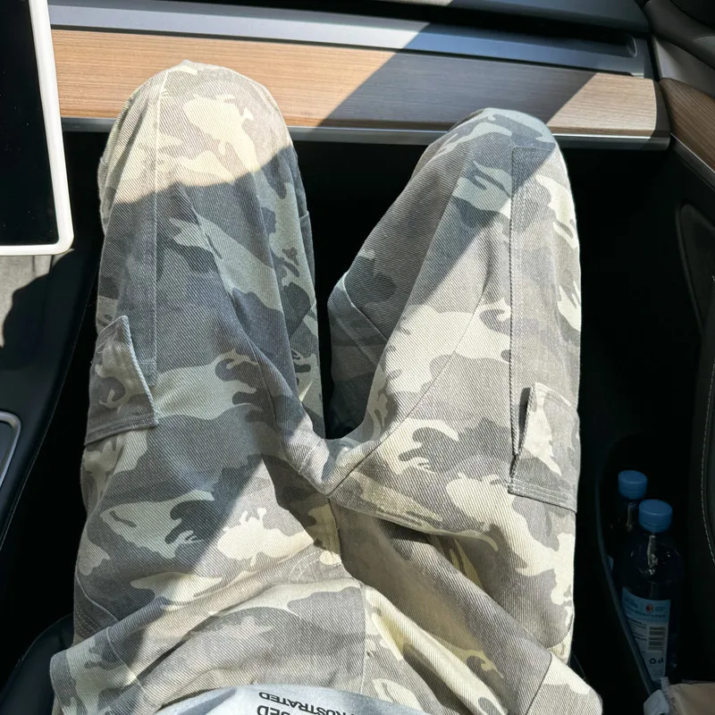 อเมริกัน Hiphop Camouflage กางเกงผู้ชาย Retro Paratrooper Workwear หลวมตรงขากว้างขากางเกงขายาวสบายๆ