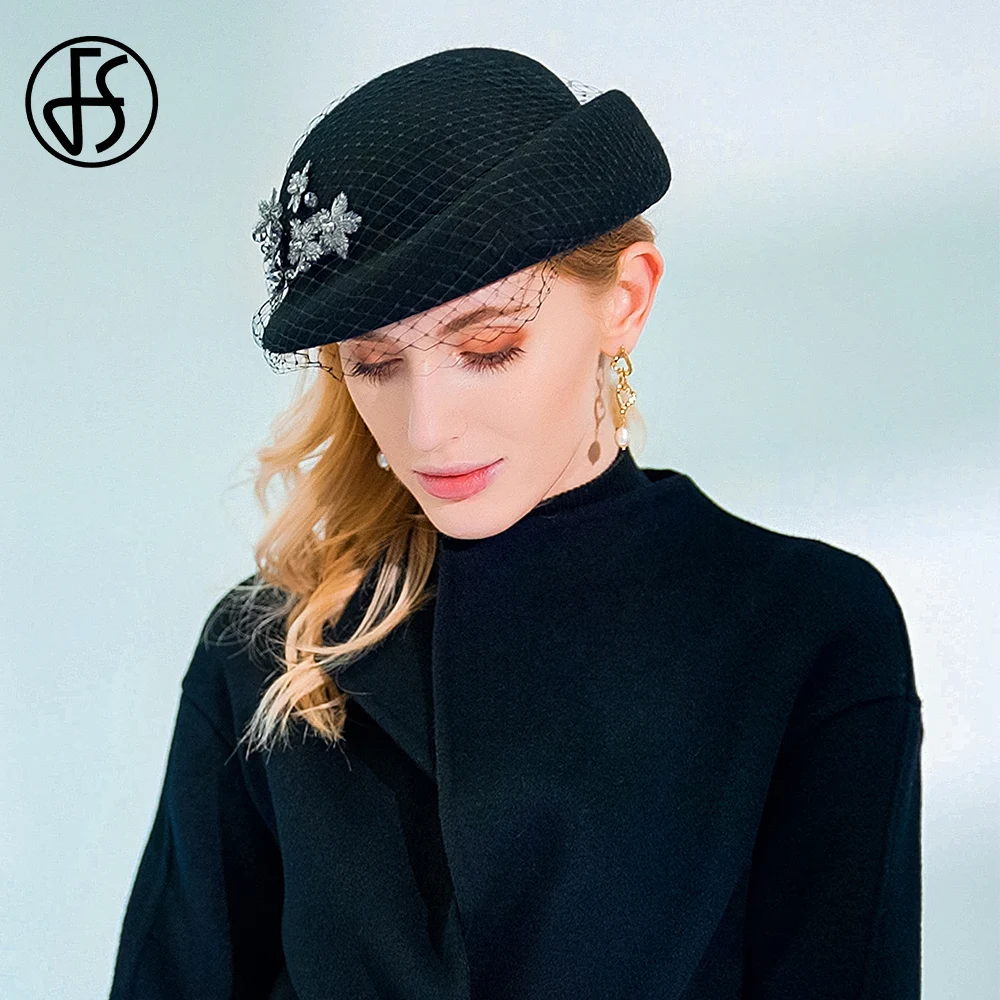 FS 2025 Beret Black Wool Felt Hats For Women With Veil Flower Millinery Fascinators Winter Ladies Elegant Church Party Cap