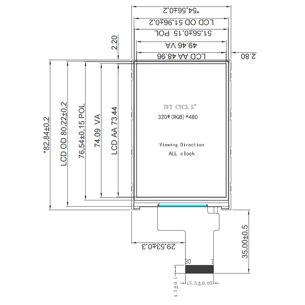 정전식 터치 스크린 모듈 포함 TFT LCD 디스플레이, 320*480 전체 시야각 IPS, ST7796S 드라이버 칩, 30 핀 SPI 2.8V, 3.5 인치