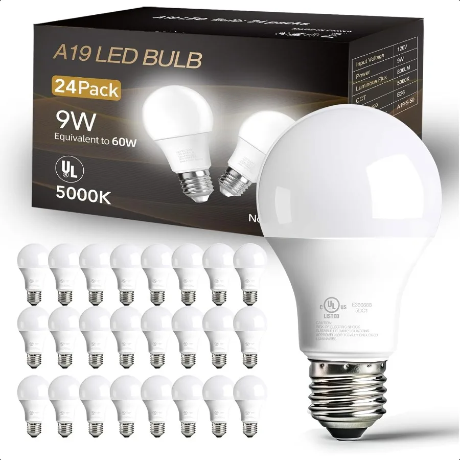 

24 Pack LED Bulbs Daylight White 5000K 60 Watt Equivalent A19 Standard Bulbs E26 Base 800 LM Efficient 9W Energy Saving NonDimm