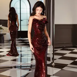 Wedding Toast Dress Wine Red Three-Dimensional Flower Slim-Fit Banquet Tube Top Sequined Fishtail