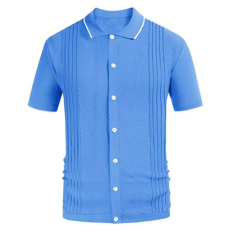 Summer New Men's Fashion Temperament Lapel Single Breasted Spliced Knitwear  Knit Short Sleeve Slim Business Polo Shirt M-3XL