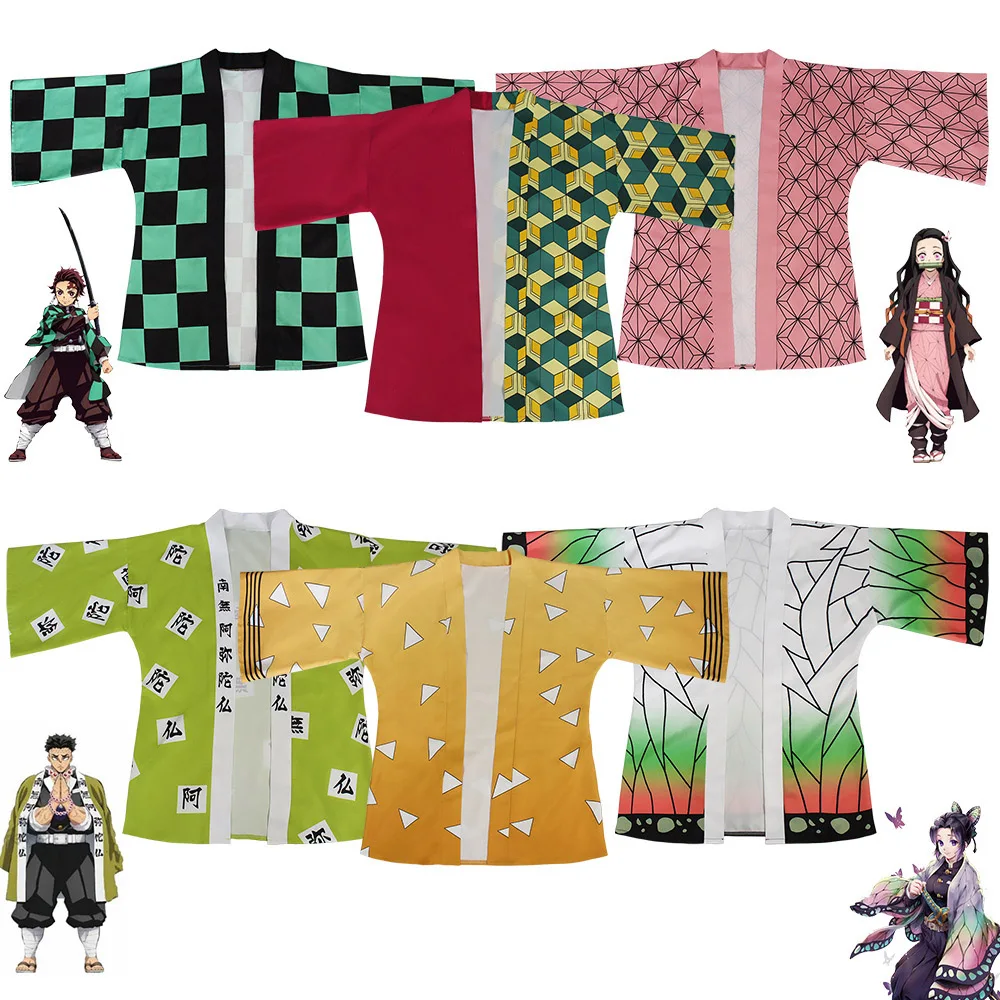 Anime Kimonos Kochou Shinobu Cosplay Costume Women Men Kids Haori Kimetsu No Yaiba Kamado Tanjirou Summer Family Costume