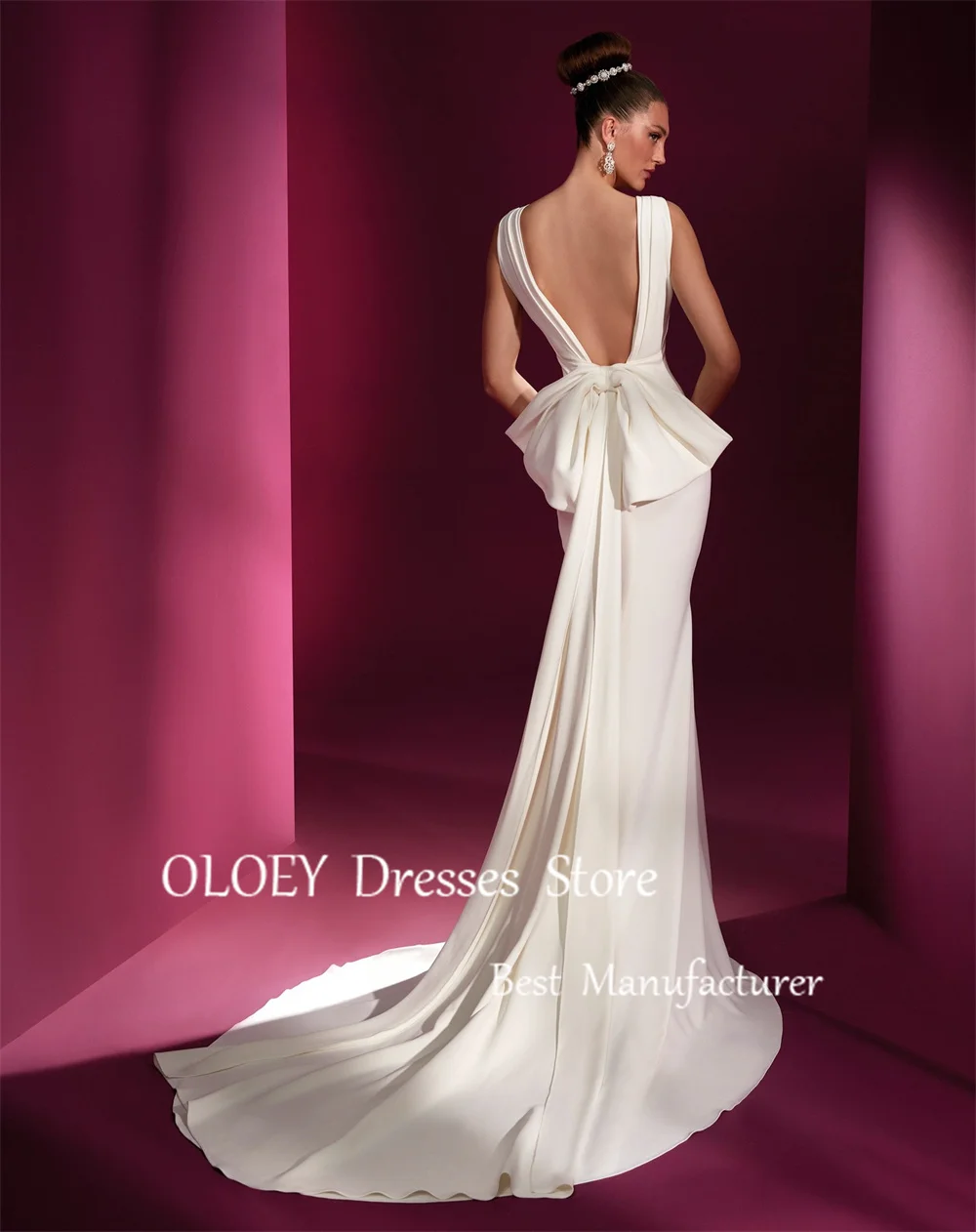 OLOEY-Robe de mariée sirène sexy, col en V, dos nu, patients ivoire, longueur au sol, train de balayage, sur mesure, robe éducative