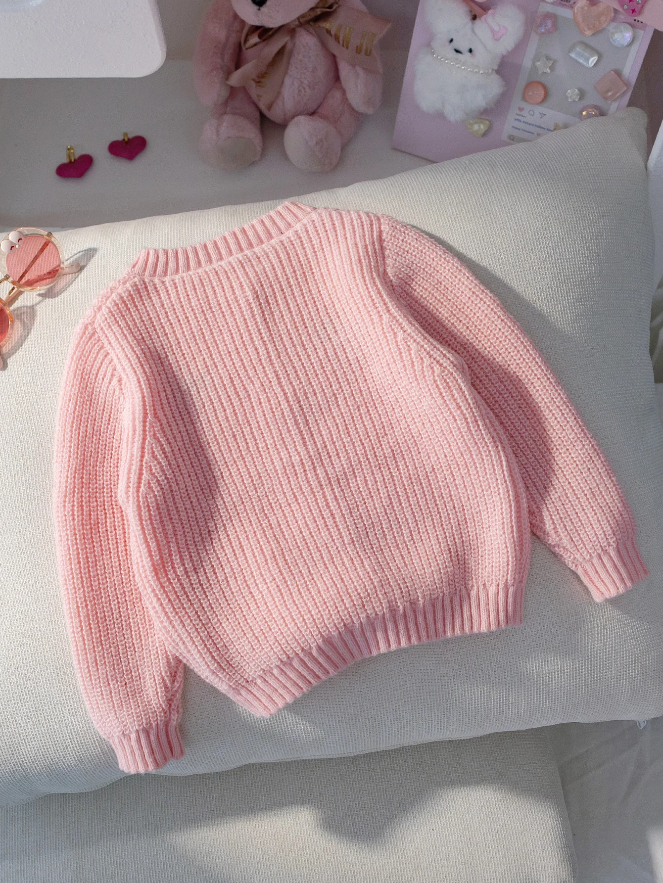 Baby girl cute solid color cherry embroidery round neck long sleeved sweater knitted cardigan daily casual