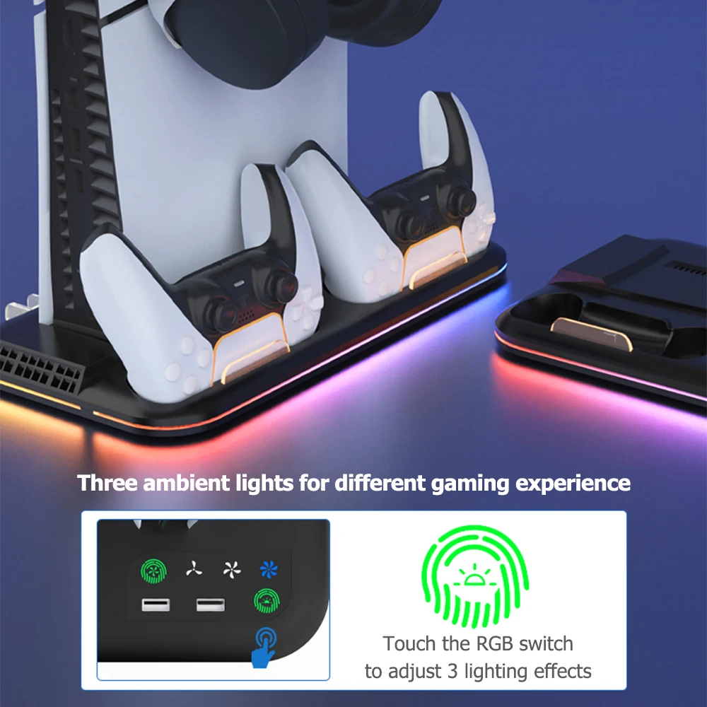 لقرص PS5 Slim/PS5 Pro ومحطة تبريد رقمية مع حامل شحن وحدة تحكم مزدوجة خفيفة مع حامل سماعة الرأس