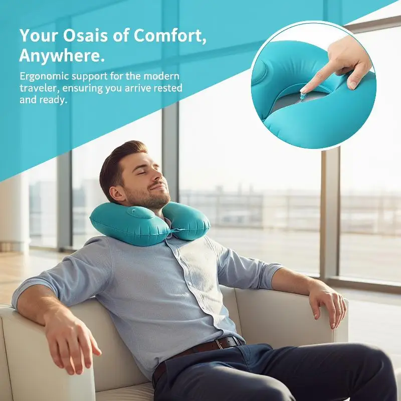 Soft Flocking Inflatable Travel Neck Pillow Self-Filled Foldable 1PC for Car Rides Office Napping
