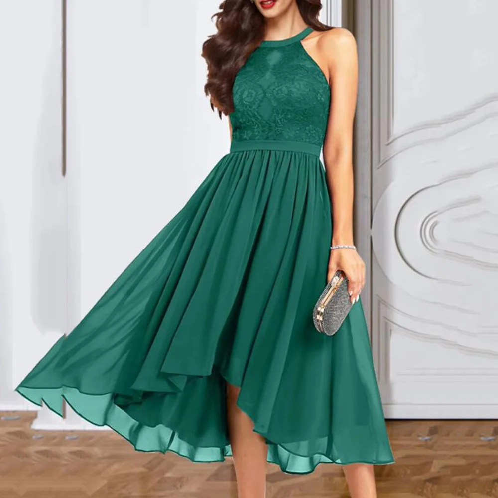 Elegant Women Prom Dresses Green Gray Halter Sleeveless Tea Length Lace Cut out A-line Fashion Mother of the Bride Gowns