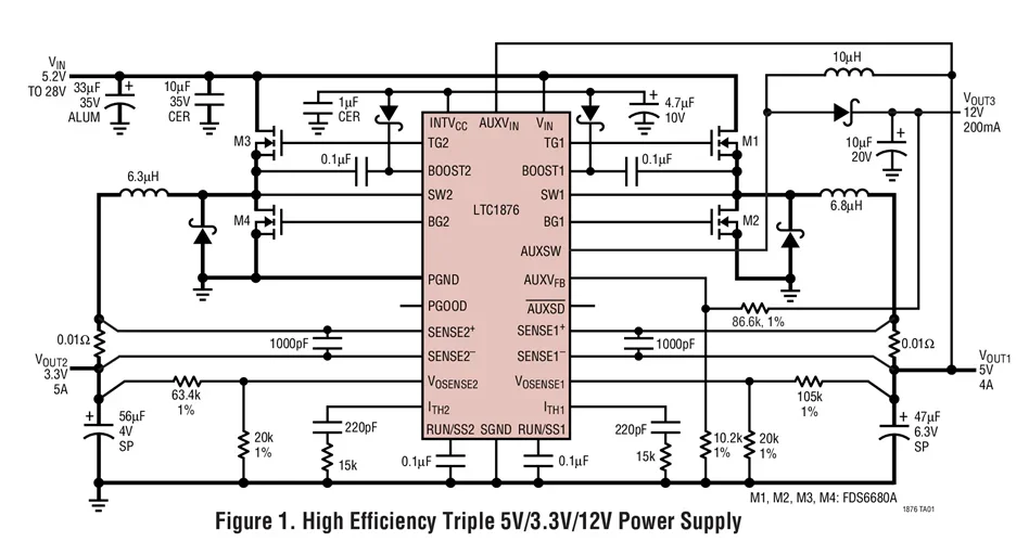LTC1876EG LTC1876 - High Efficiency, 2-Phase, Dual Synchronous Step-Down Switching Controller and Step-Up Regulator