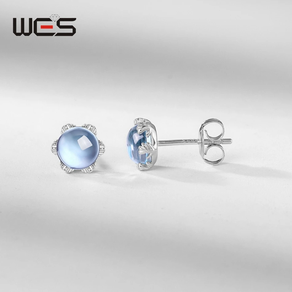 WES Classic Round Natural Blue Topaz Stud Earrings for Woman Certified Jewelry November Birthstone Engagement Gift Wholesale