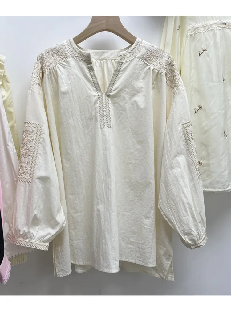 Unique French Style Lady Delicated Embroidery Loose Lantern Sleeve Cotton Shirt Blouse