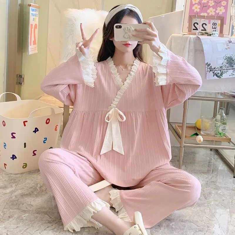 Sleepwear Women Lace Big Size Pajamas Sets Kawaii Clothes Long Sleeve Pajamas Spring Autumn Loungewear Set Korean Loose Pullover