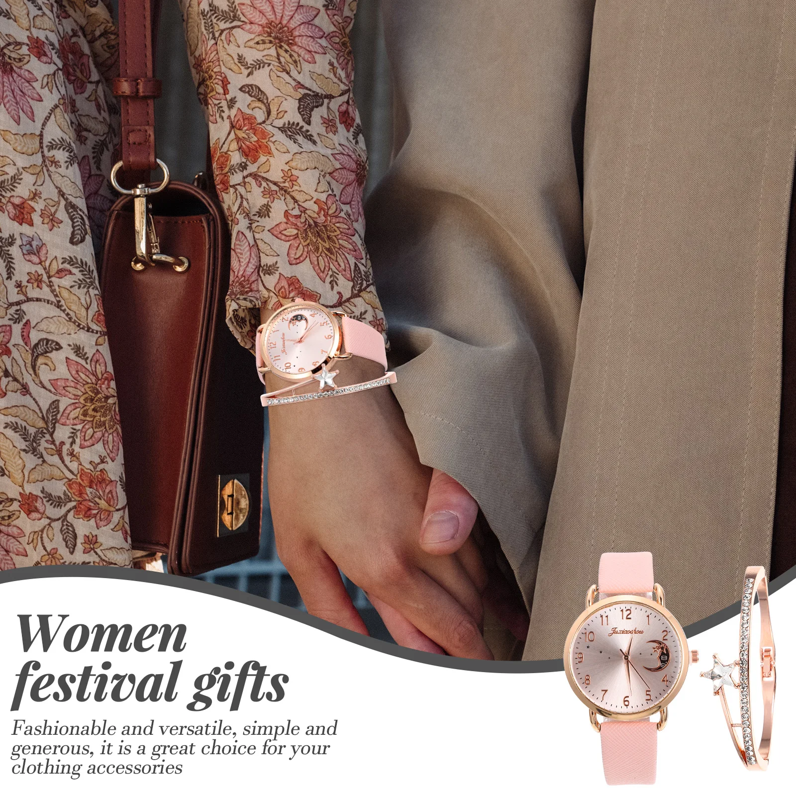 

1 set Moon Pattern Watch Bracelet Set Fashion Ladies Vintage Quartz Wristwatch Mechanical Small Wrists Accessories Women Gifts