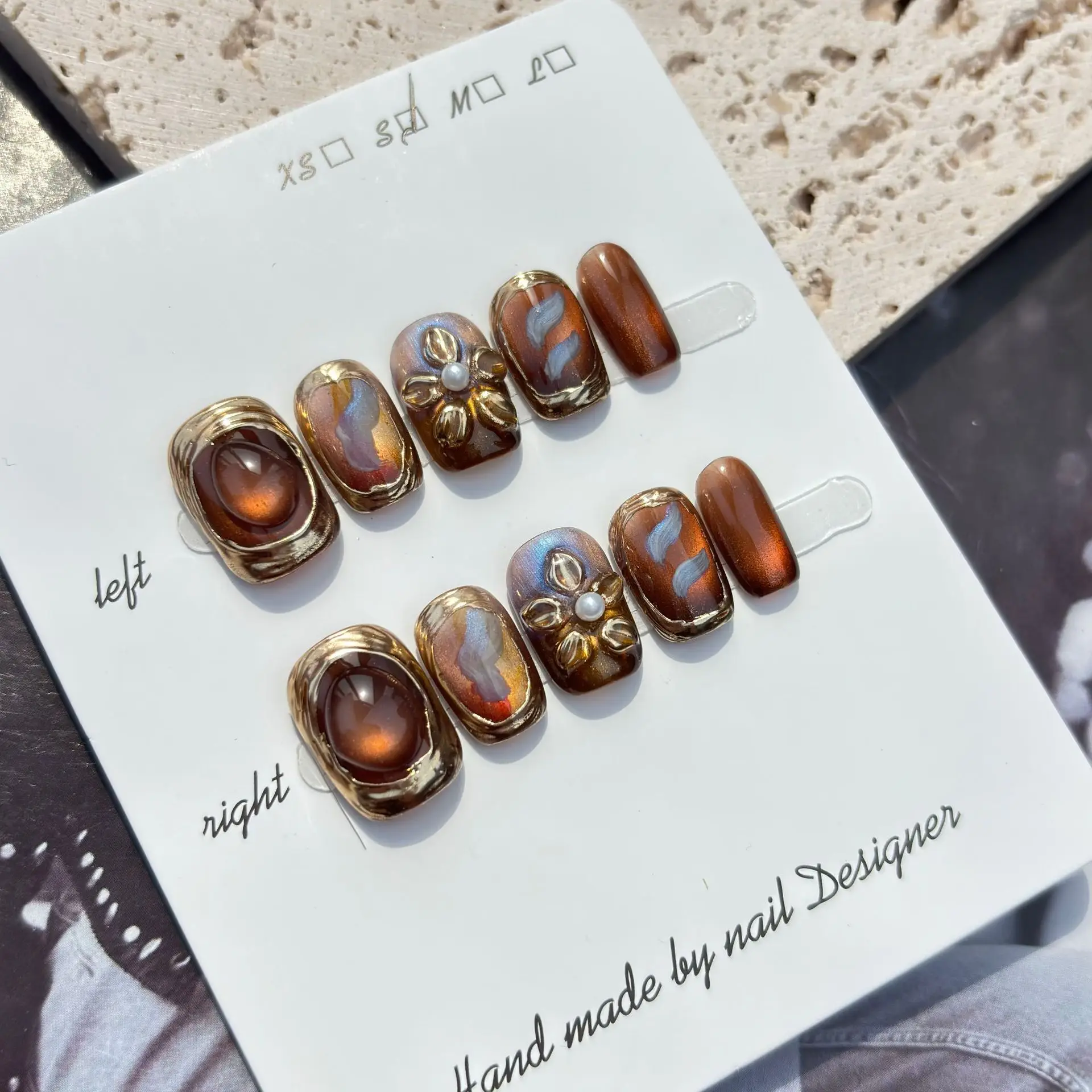 10 pièces 3D fleur à la main presse sur ongles courts carrés faux ongles marron portable ongles à coller faux ongles Наклад Ногти