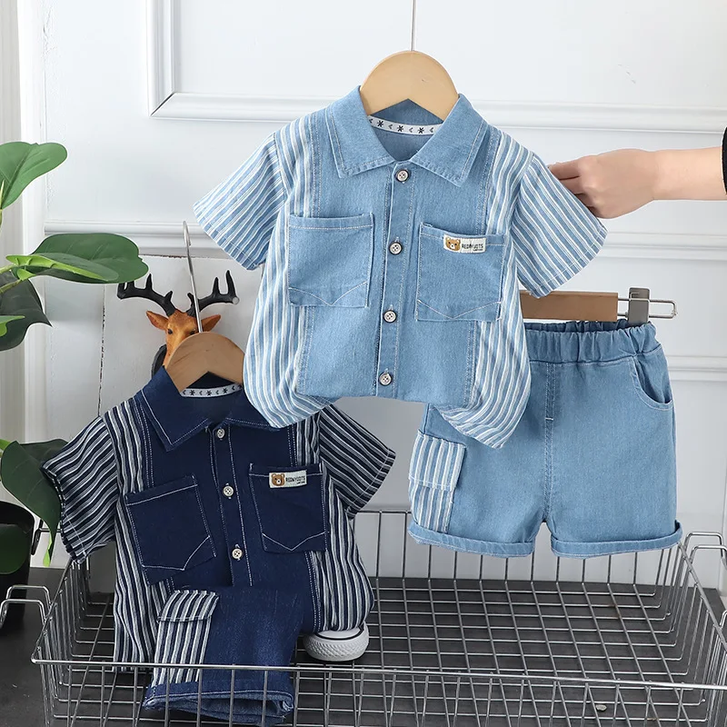 2024 Boutique Baby Boy Summer Sets Clothes for Kids Boys 2 To 3 Years Cartoon Vertical Striped Denim Shirts Tops and Shorts Suit