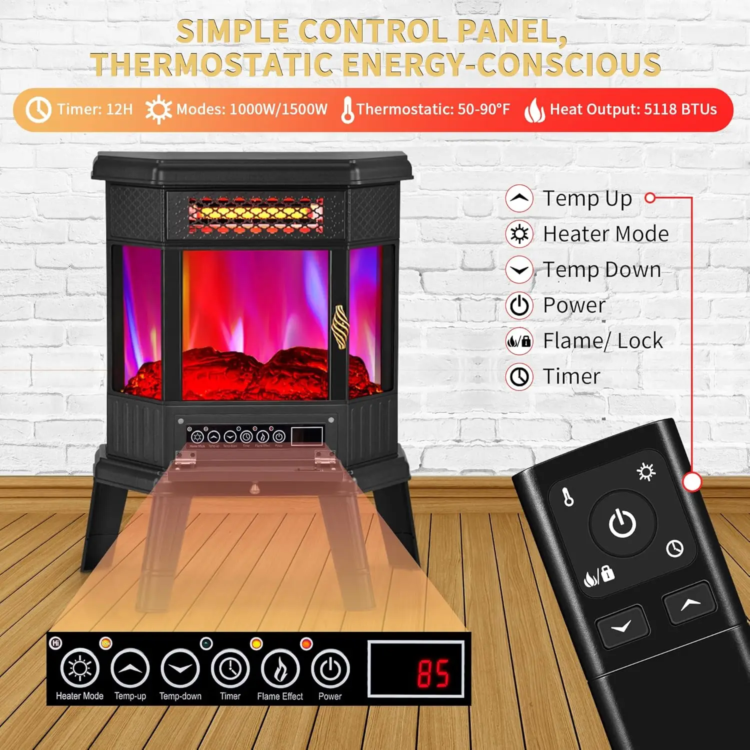 Electric Fireplace Heater 22' Freestanding Infrared Quartz Fireplace with 3D Flame Effect, Remote Control, Timer, Overheat Prote