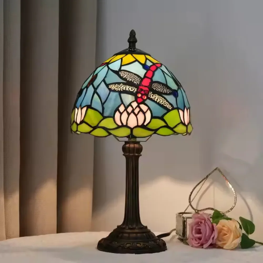 8inch Tiffany Style Stained Glass Bedside Lamp Antique Vintage Dragonfly Lotus Table Lamp for Living Room Bedroom Home Office