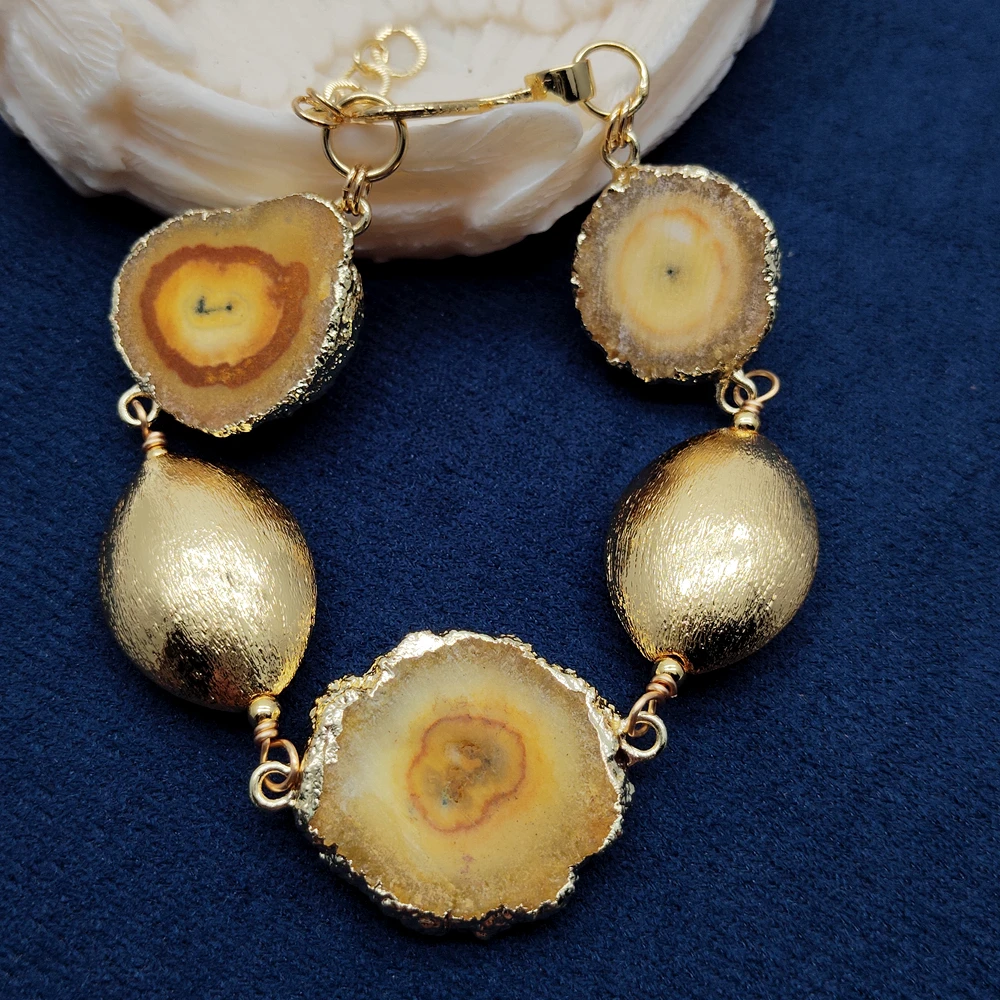 

Y·YING Yellow Golden Agate Slice Gem Stones Brushed Beaded Bracelet Jewelry Fashion Accessory