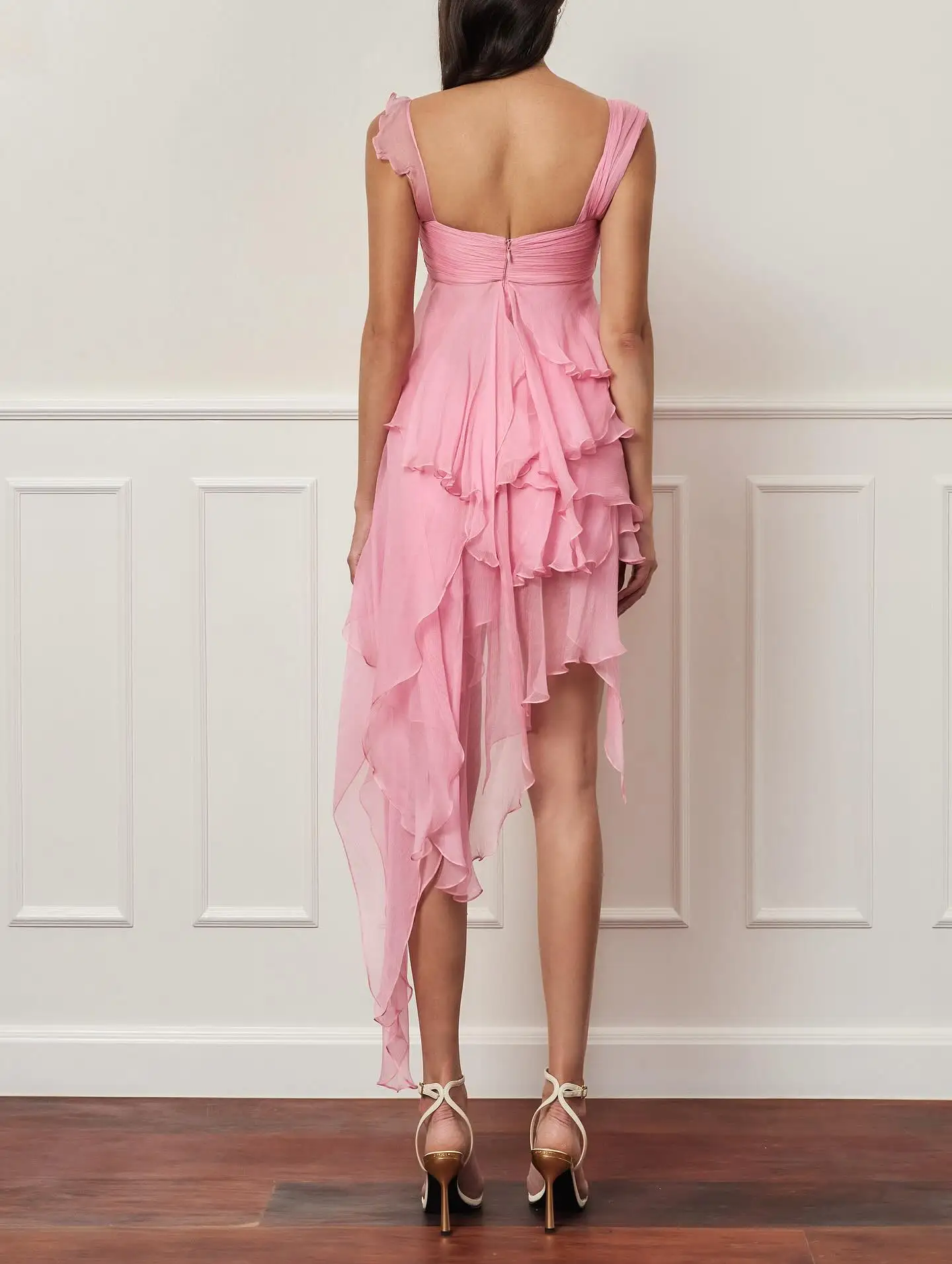 Novo rosa assimétrico plissado chiffon vestido de verão romântico alta-baixa malha em camadas vestidos de festa de noite feminino a-line mini vestir