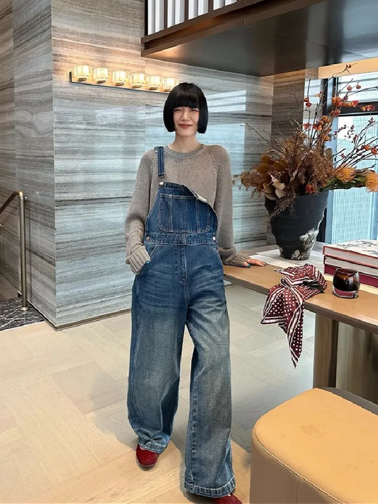 American Sle Vintage Denim Overalls Women's Spring Summer Small Size New Loose Slimming Wide Leg Jumpsuit High Waist