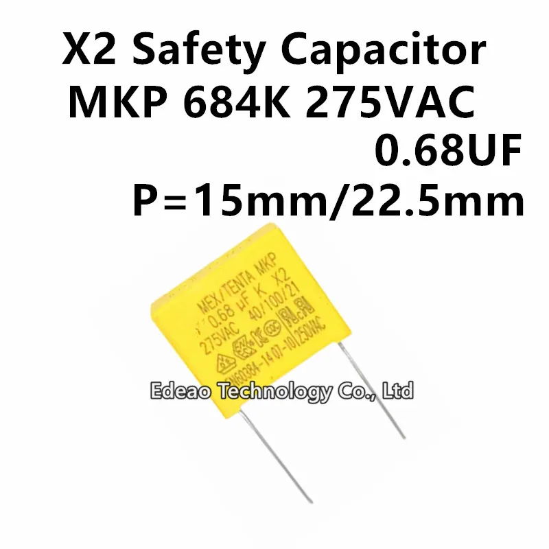 10~20PCS/LOt NEW X2 Safety capacitor 684K 275VAC MPX MKP 0.68UF 275V 10% X2 275V684K Pitch15mm 22.5mm Polyester Film Capacitors