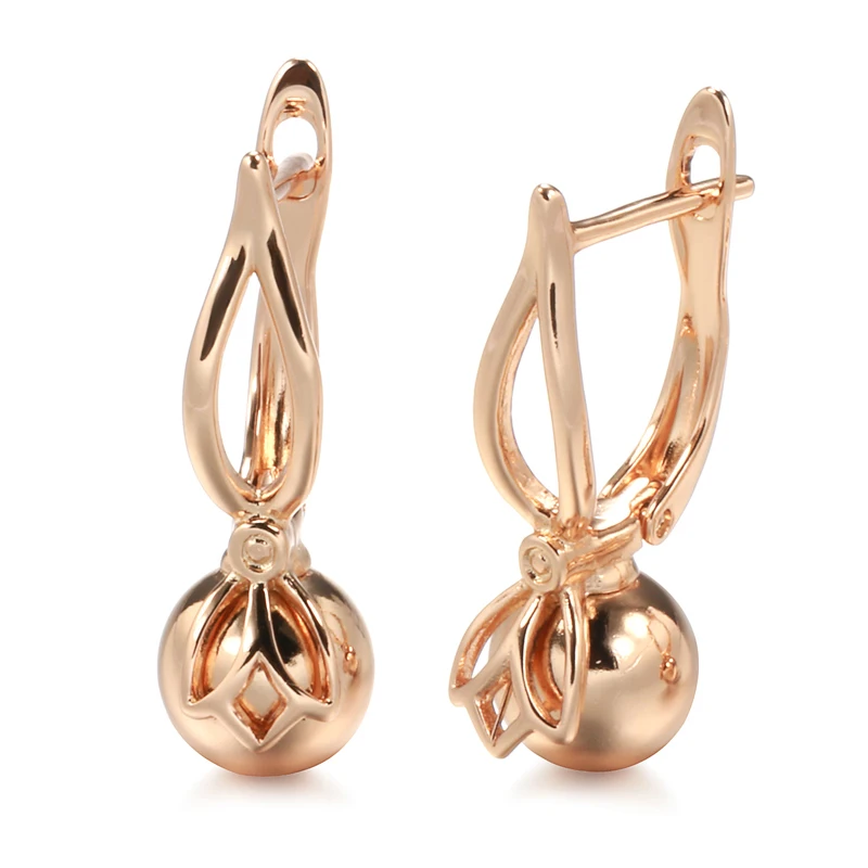 New Fashion Drop Earrings for Women Glossy Metal Round Ball 585 Rose Gold Unusual Long Earrings Ethnic Bride Wedding Jewelry