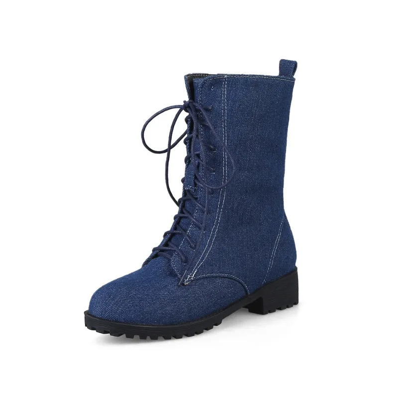 

Women's lace-up denim mid-calf boots with medium-sized flat straps and blue short women's winter boots with denim stickers