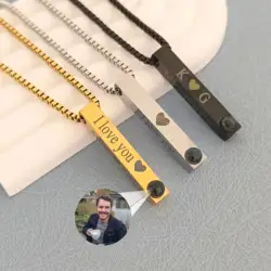 Custom Photo Projection Bar Necklace Engraved Keychain Photo Memorial Projection Jewelry Set