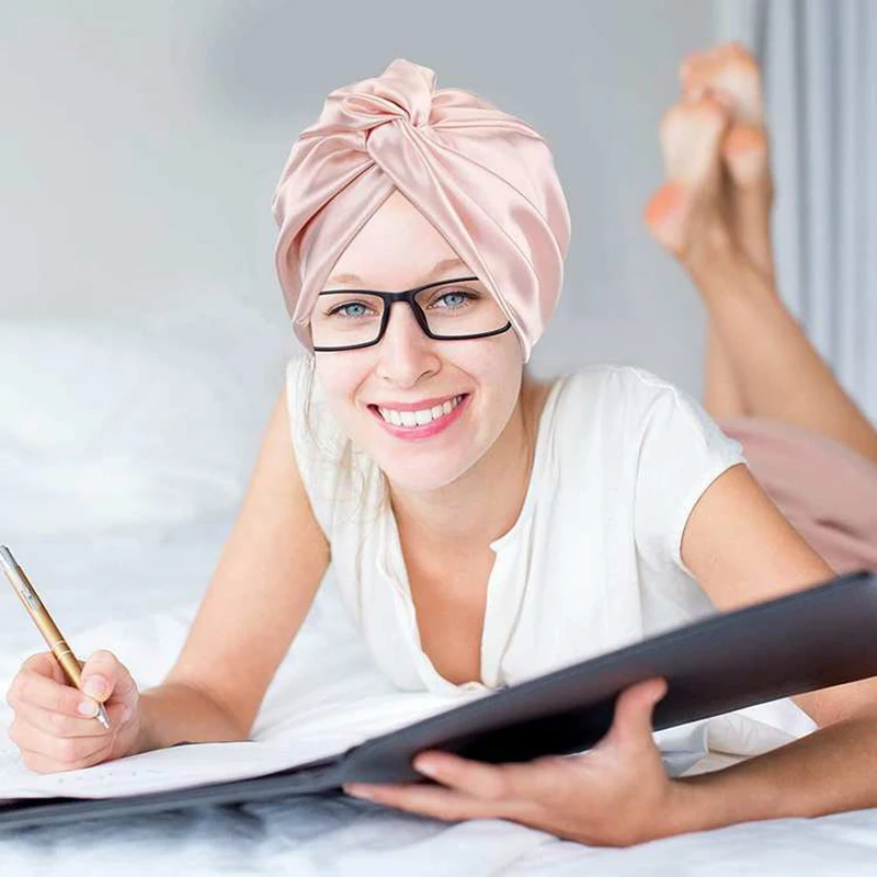 Women 100 Mulberry Silk Turban Bonnets Twisted Sleeping Night Cap 19 Momme Pure Silk Hair Wrap Cap For Curly Ladies Headwrap