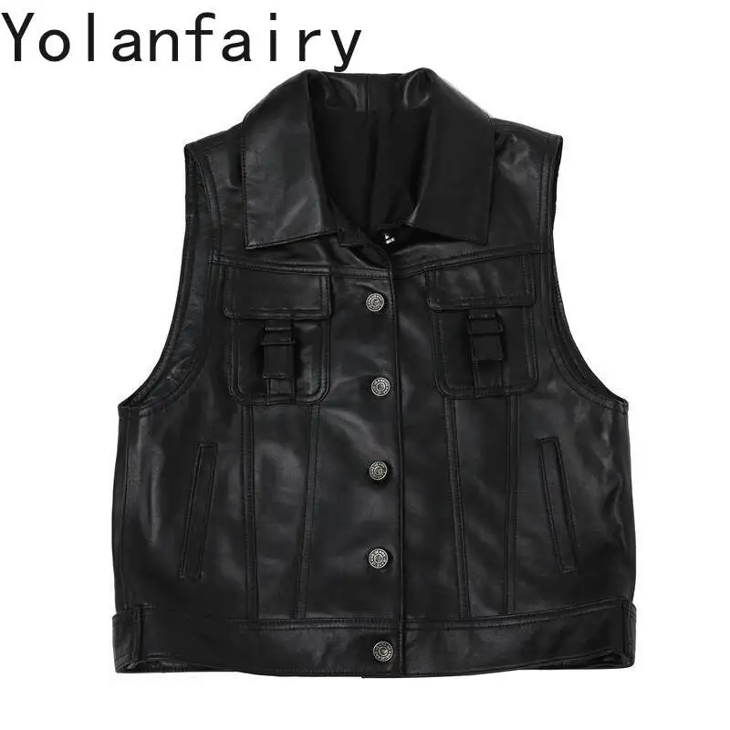 YOLANFAIRY Chaleco de piel de oveja auténtica para mujer, chaqueta corta de otoño con cuello cuadrado, chaqueta ajustada estilo motero sin mangas, chaleco de cuero auténtico