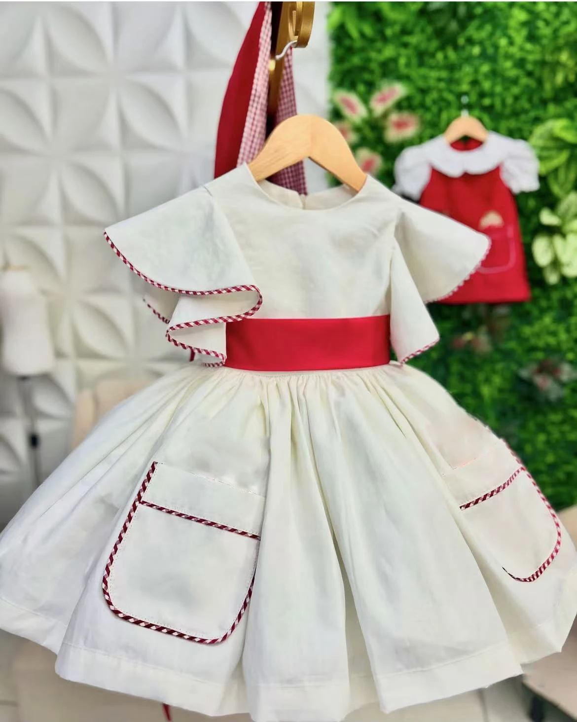 Baby Girl Summer Beige Turkish Dress with Pockets And Red Bow for Birthday Holiday Photography Eid Party Casual