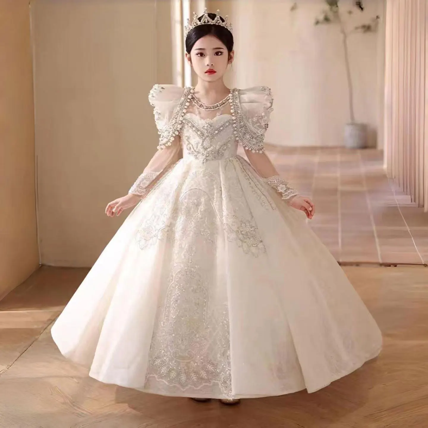 Jill Wish Luxury White Flower Girl Dress Beads Pearls Dubai Kids Princess Birthday Wedding Party Ball Evening Gown 2024 J112