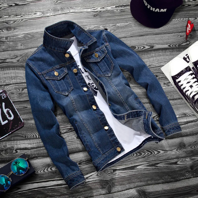 Men Jeans Jacket Stylish Pure Color Slim Fit Jeans Jacket Vintage Men Denim Jacket